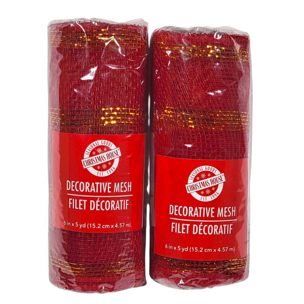 Christmas House Red Gold Deco Mesh 6" x 5yd‎ Lot of 2 Decorative Wreath Crafts